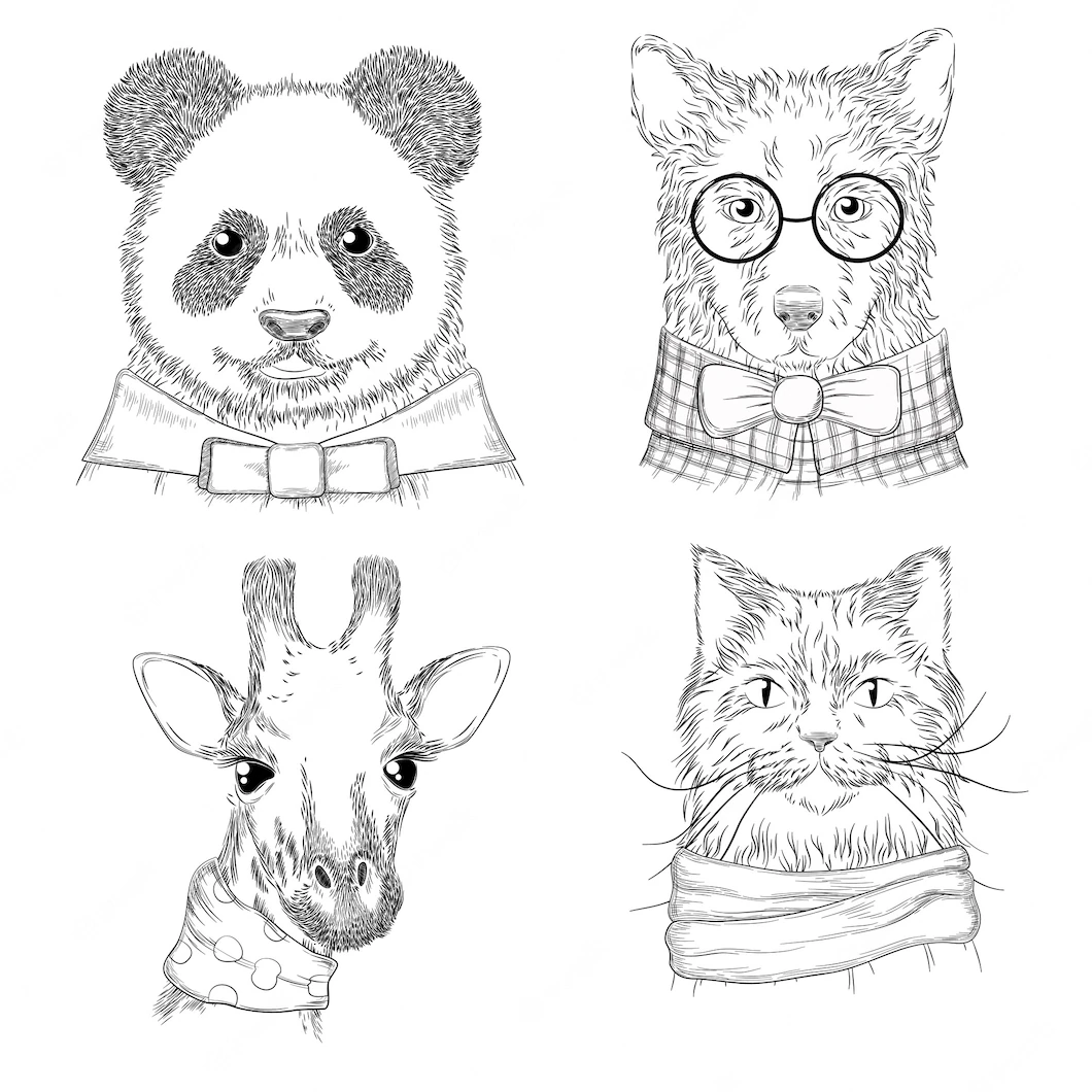 Скетч животные в одежде рисунок